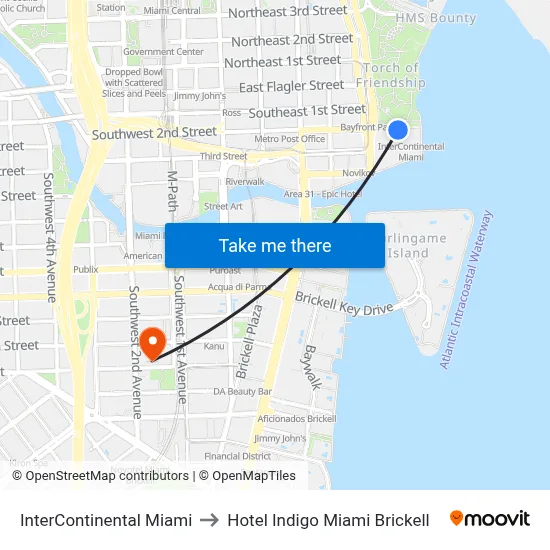InterContinental Miami to Hotel Indigo Miami Brickell map