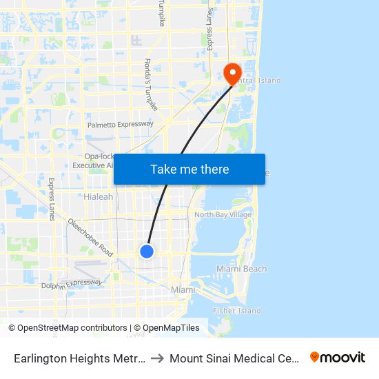 Earlington Heights Metrorail Station to Mount Sinai Medical Center Aventura map