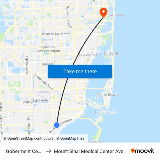 Goberment Center to Mount Sinai Medical Center Aventura map