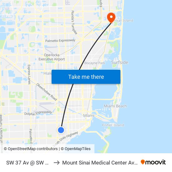 SW 37 Av @ SW 22 St to Mount Sinai Medical Center Aventura map