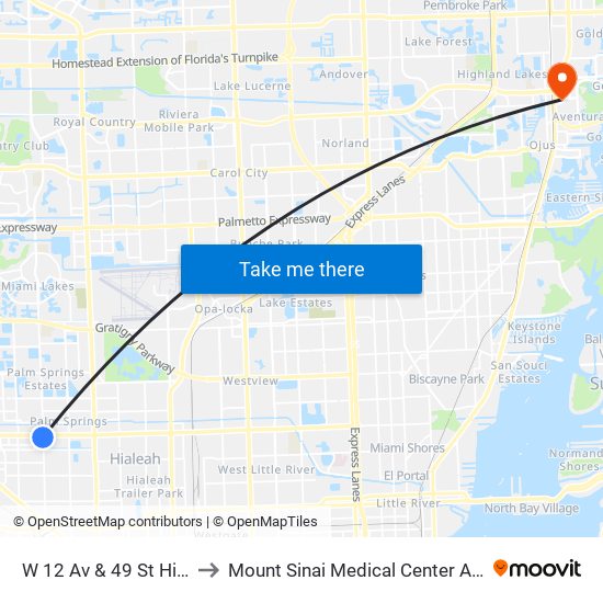 W 12 Av & 49 St Hialeah to Mount Sinai Medical Center Aventura map