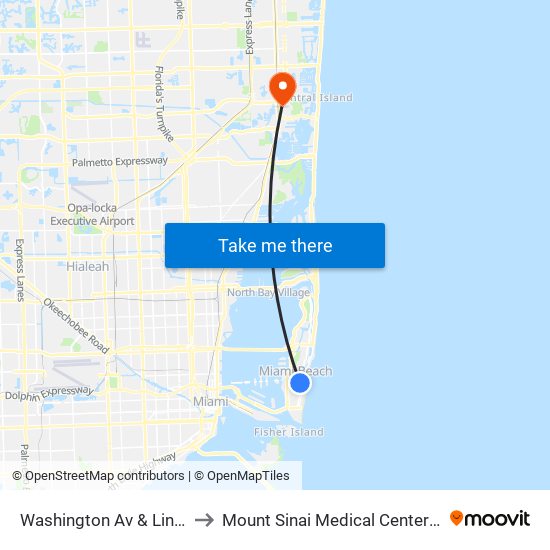 Washington Av & Lincoln Rd to Mount Sinai Medical Center Aventura map