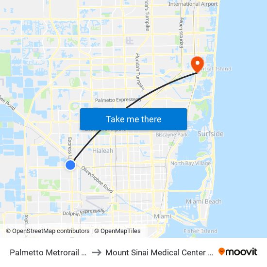 Palmetto Metrorail Station to Mount Sinai Medical Center Aventura map