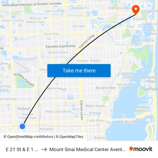 E 21 St & E 1 Av to Mount Sinai Medical Center Aventura map