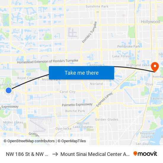 NW 186 St & NW 68 Av to Mount Sinai Medical Center Aventura map