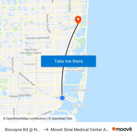 Biscayne Bd @ NE 4 St to Mount Sinai Medical Center Aventura map