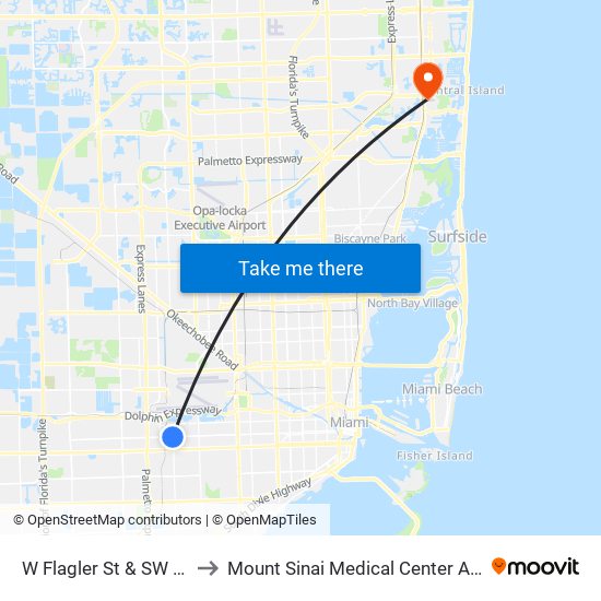 W Flagler St & SW 67 Av to Mount Sinai Medical Center Aventura map