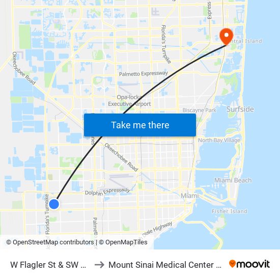 W Flagler St & SW 112 Av to Mount Sinai Medical Center Aventura map