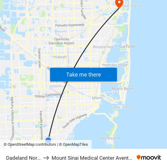 Dadeland North to Mount Sinai Medical Center Aventura map