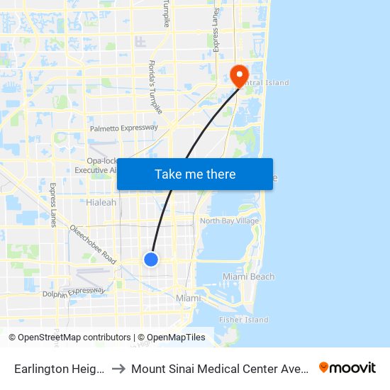 Earlington Heights to Mount Sinai Medical Center Aventura map