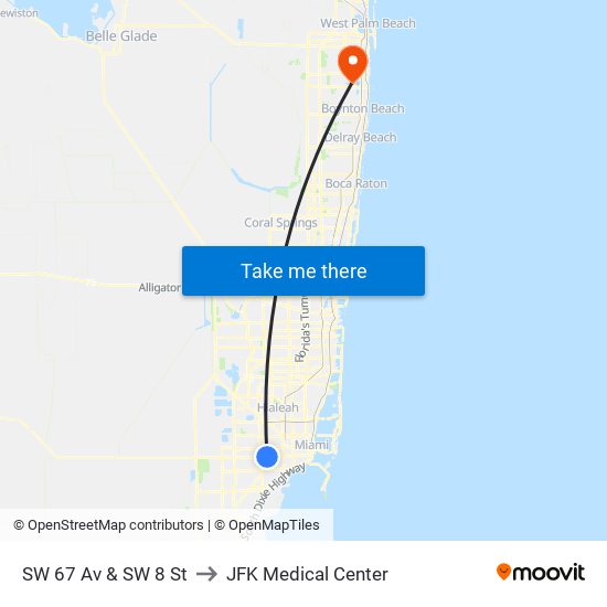 SW 67 Av & SW 8 St to JFK Medical Center map