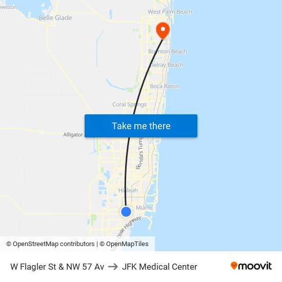 W Flagler St & NW 57 Av to JFK Medical Center map