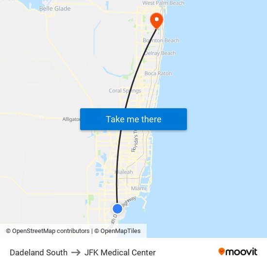 Dadeland South to JFK Medical Center map