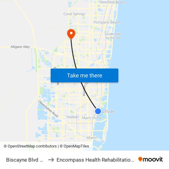 Biscayne Blvd & NE 123 St to Encompass Health Rehabilitation Hospital of Sunrise map