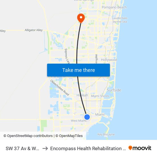 SW 37 Av & W Flagler St to Encompass Health Rehabilitation Hospital of Sunrise map