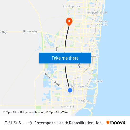 E 21 St & E 1 Av to Encompass Health Rehabilitation Hospital of Sunrise map