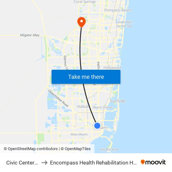 Civic Center Station to Encompass Health Rehabilitation Hospital of Sunrise map