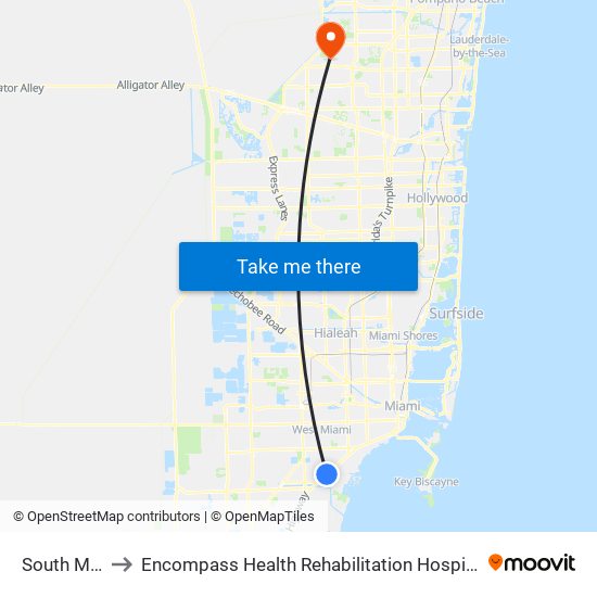 South Miami to Encompass Health Rehabilitation Hospital of Sunrise map