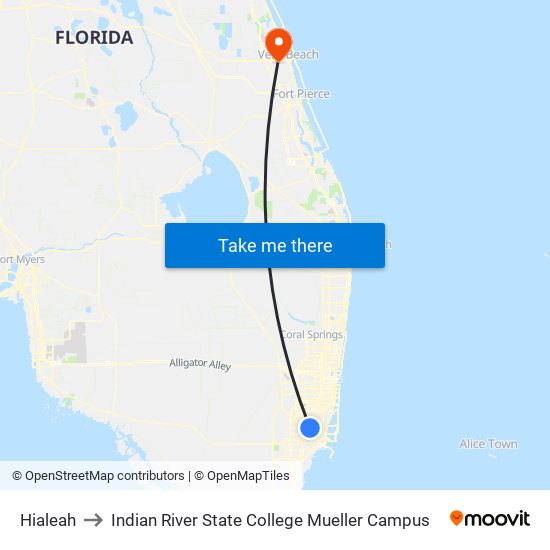 Hialeah to Indian River State College Mueller Campus map