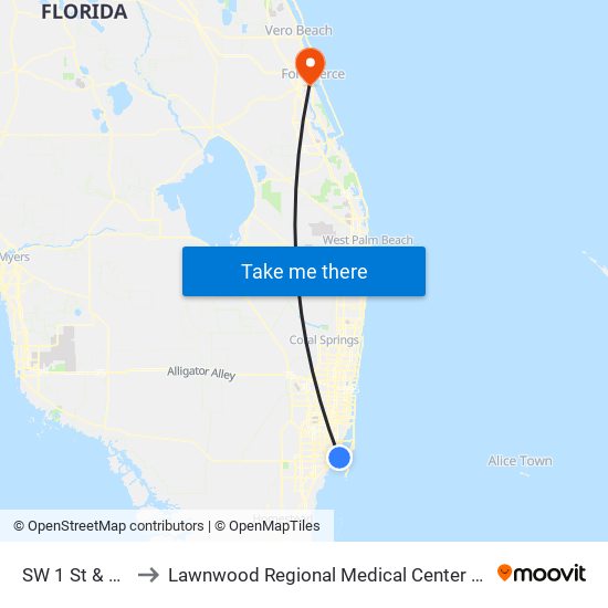 SW 1 St & SW 1 Av to Lawnwood Regional Medical Center And Heart Institute map