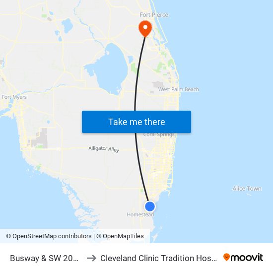 Busway & SW 200 St to Cleveland Clinic Tradition Hospital map