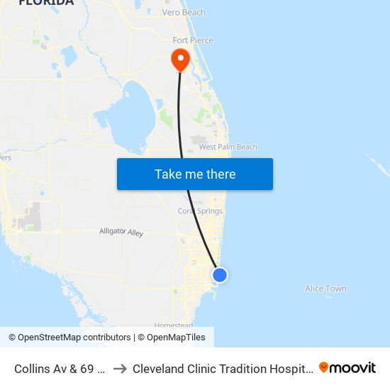 Collins Av & 69 St to Cleveland Clinic Tradition Hospital map