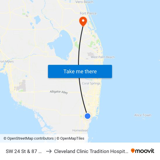 SW 24 St & 87 Av to Cleveland Clinic Tradition Hospital map