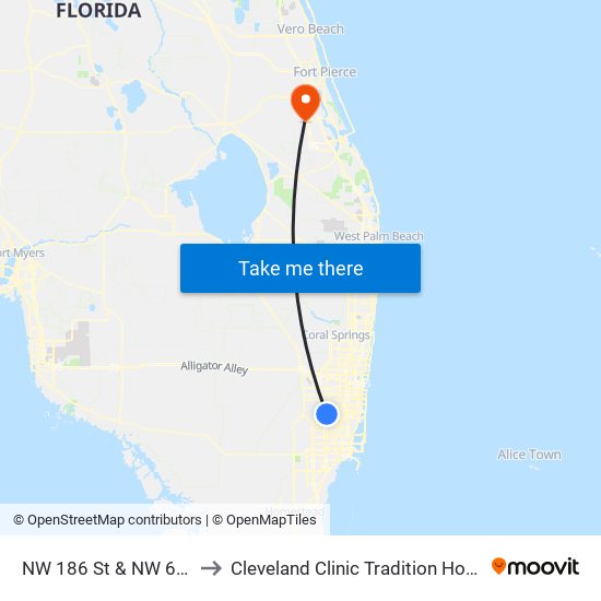 NW 186 St & NW 68 Av to Cleveland Clinic Tradition Hospital map