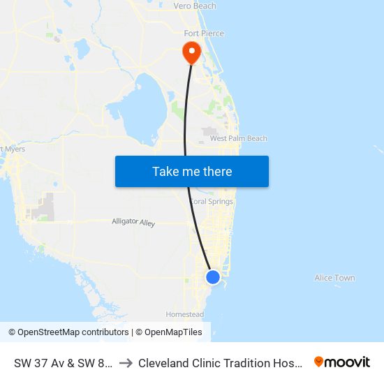 SW 37 Av & SW 8 St to Cleveland Clinic Tradition Hospital map