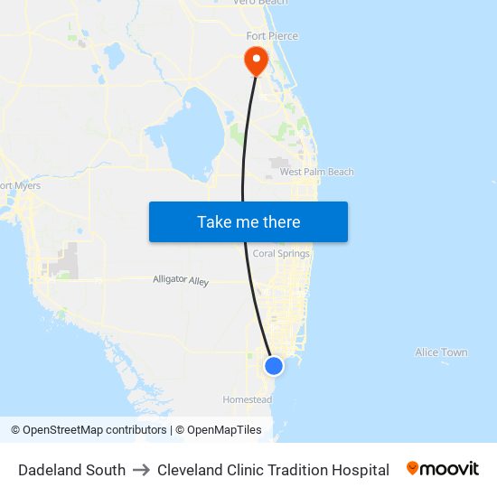 Dadeland South to Cleveland Clinic Tradition Hospital map