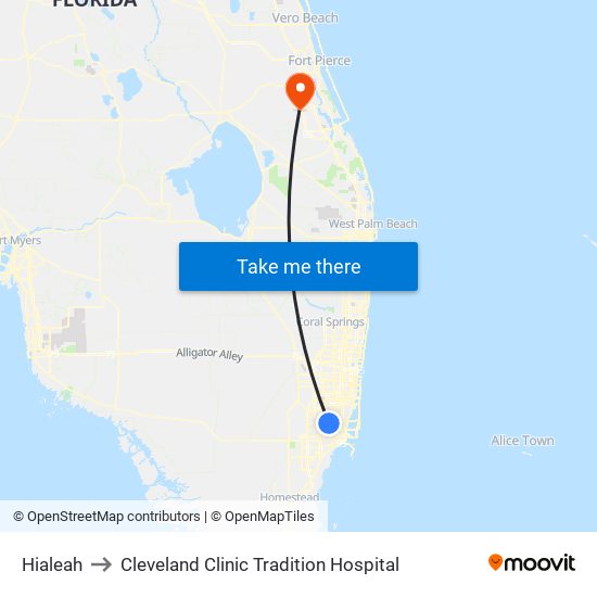 Hialeah to Cleveland Clinic Tradition Hospital map