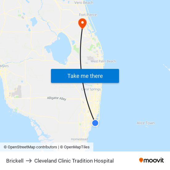 Brickell to Cleveland Clinic Tradition Hospital map