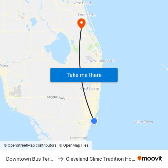 Downtown Bus Terminal to Cleveland Clinic Tradition Hospital map