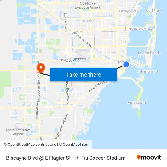 Biscayne Blvd @ E Flagler St to Fiu Soccer Stadium map