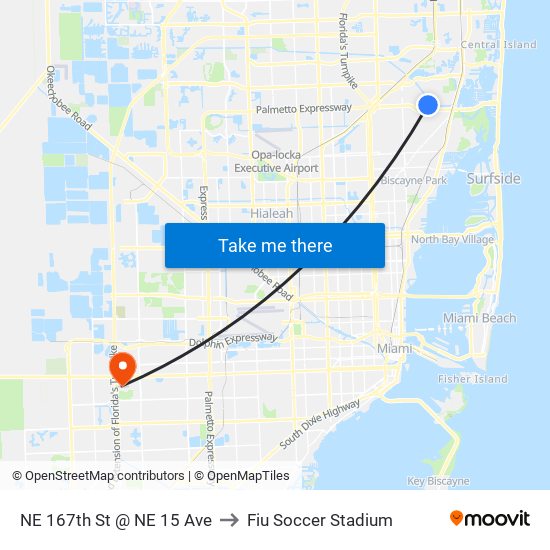 NE 167th St @ NE 15 Ave to Fiu Soccer Stadium map