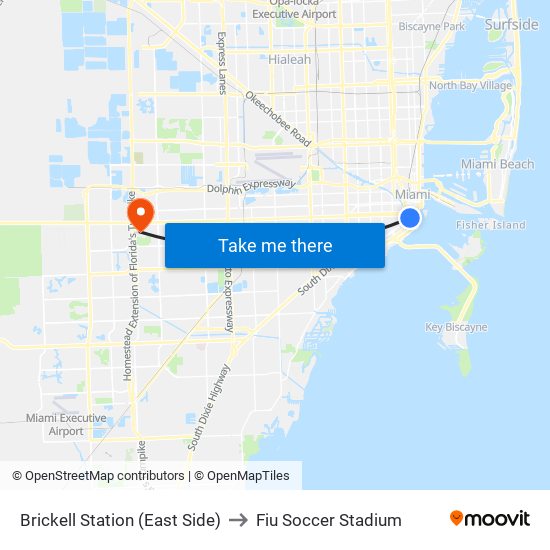 Brickell Station (East Side) to Fiu Soccer Stadium map