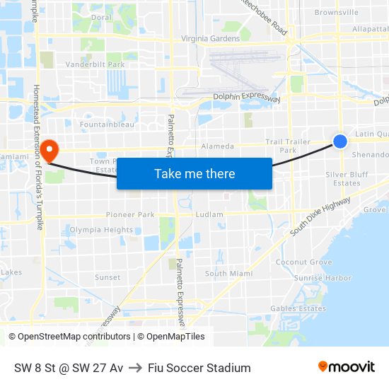 SW 8 St @ SW 27 Av to Fiu Soccer Stadium map