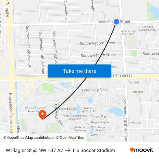 W Flagler St @ NW 107 Av to Fiu Soccer Stadium map