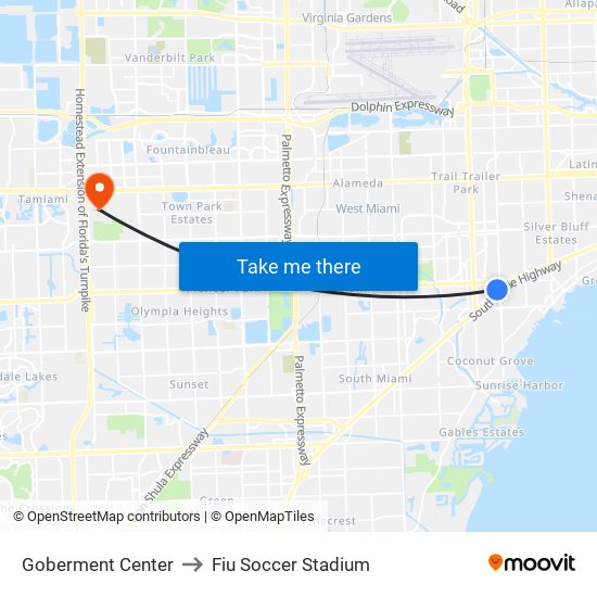 Goberment Center to Fiu Soccer Stadium map