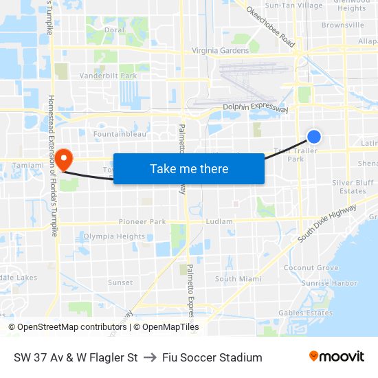 SW 37 Av & W Flagler St to Fiu Soccer Stadium map