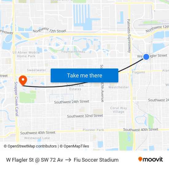 W Flagler St @ SW 72 Av to Fiu Soccer Stadium map