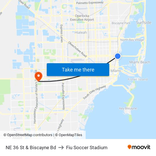 NE 36 St & Biscayne Bd to Fiu Soccer Stadium map