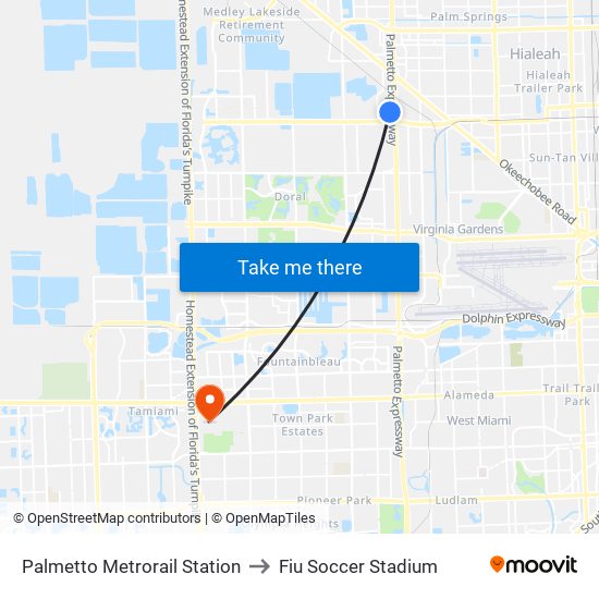 Palmetto Metrorail Station to Fiu Soccer Stadium map