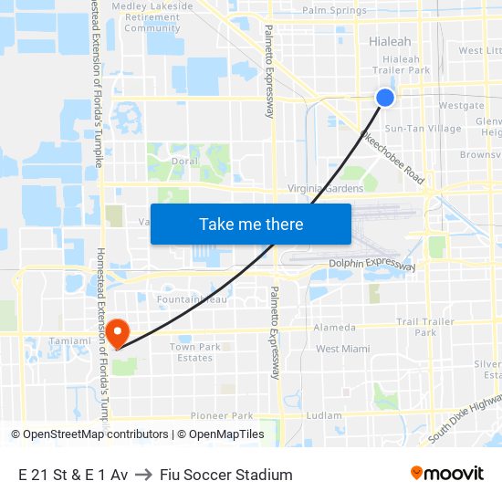 E 21 St & E 1 Av to Fiu Soccer Stadium map