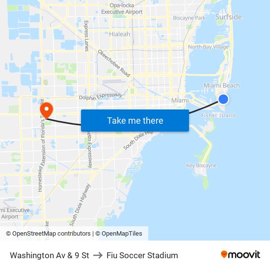 Washington Av & 9 St to Fiu Soccer Stadium map