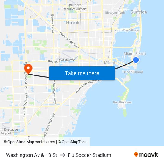 Washington Av & 13 St to Fiu Soccer Stadium map