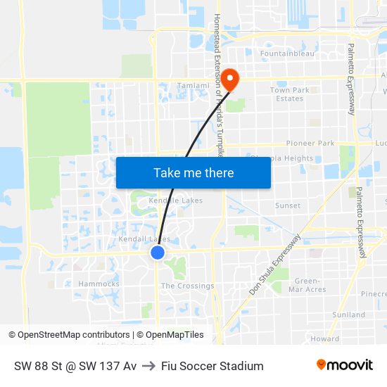 SW 88 St @ SW 137 Av to Fiu Soccer Stadium map