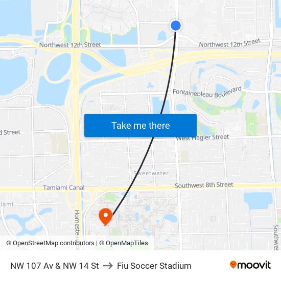 NW 107 Av & NW 14 St to Fiu Soccer Stadium map