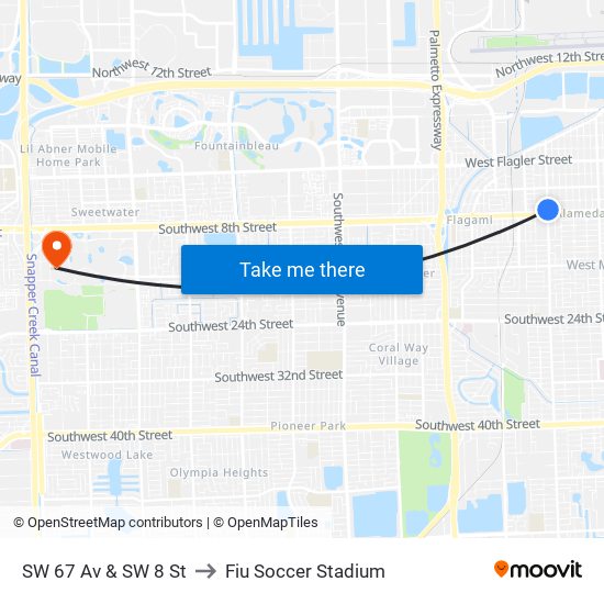 SW 67 Av & SW 8 St to Fiu Soccer Stadium map