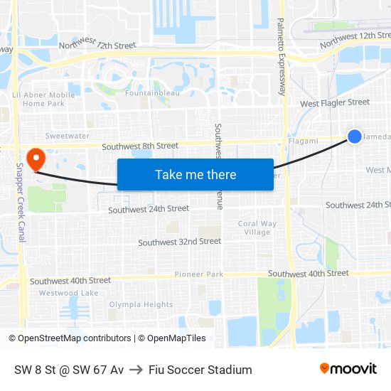 SW 8 St @ SW 67 Av to Fiu Soccer Stadium map